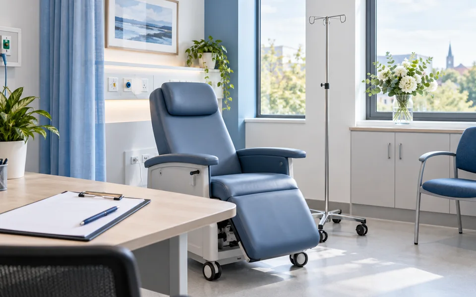 Illustrative consultation environment with an empty infusion chair