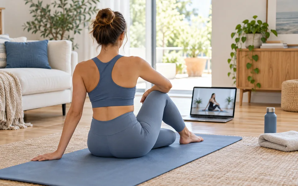 Illustrative online movement session at home using a laptop