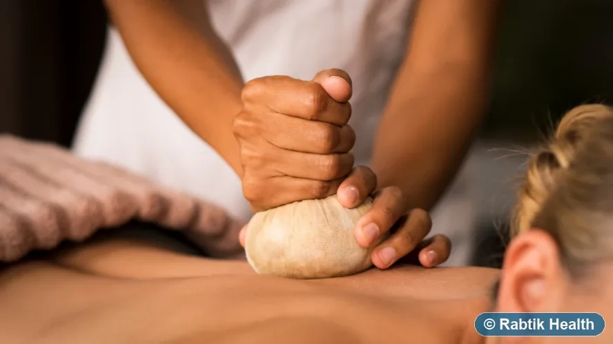 Illustrative warm herbal poultice massage
